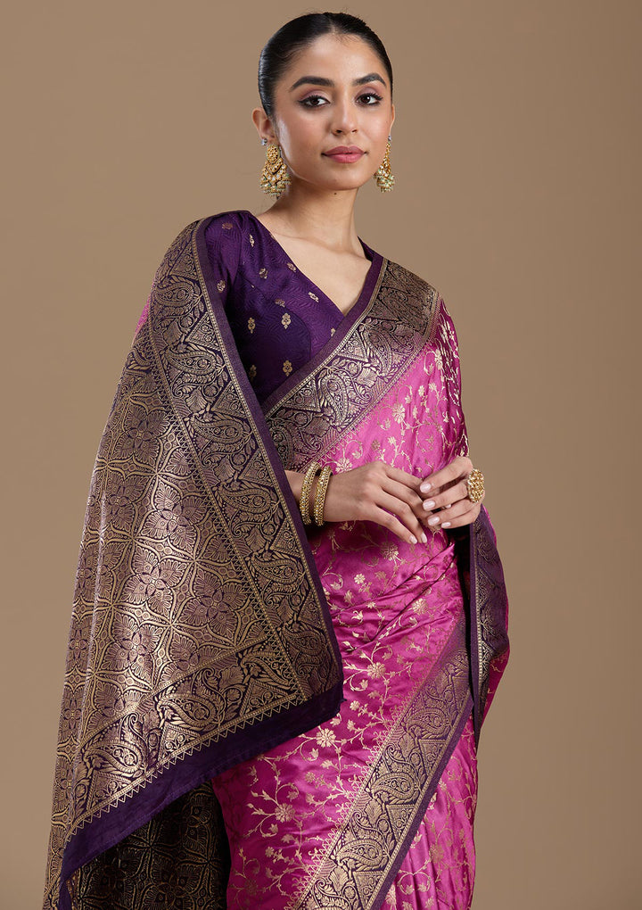 Lavender Silk Jaal Gold Zariwork Saree With Matching Blouse Piece