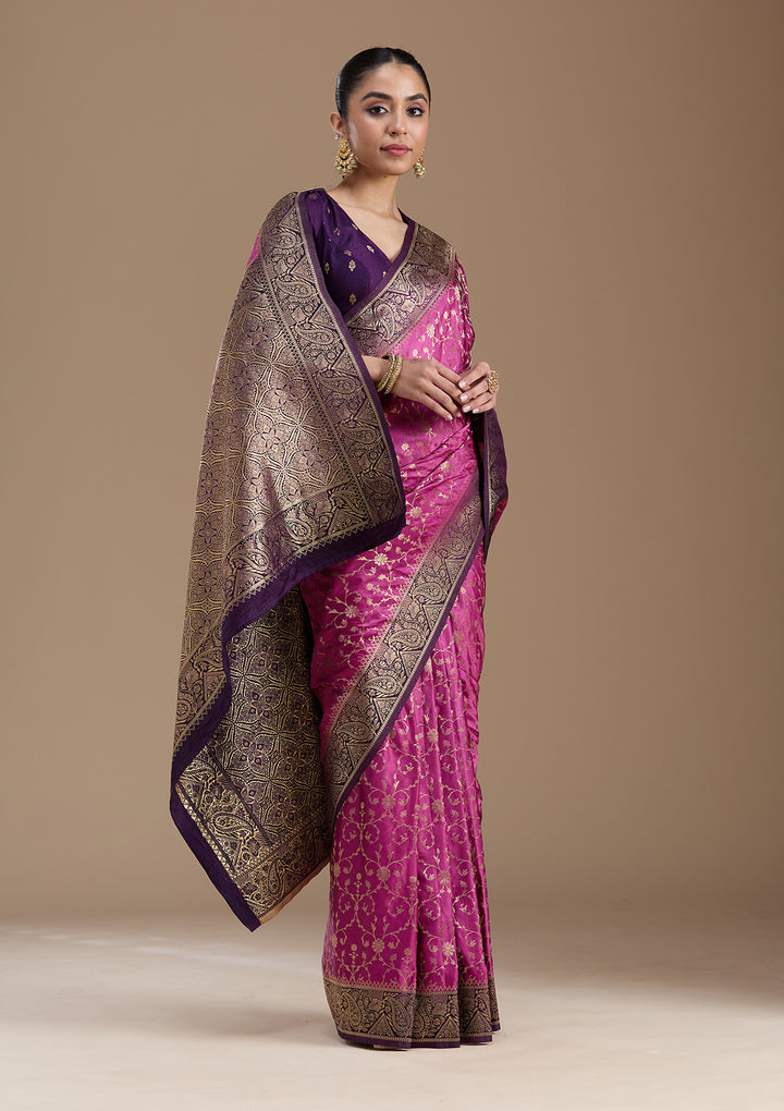 Lavender Silk Jaal Gold Zariwork Saree With Matching Blouse Piece