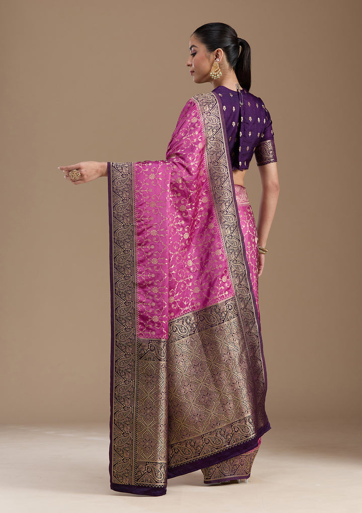 Lavender Silk Jaal Gold Zariwork Saree With Matching Blouse Piece