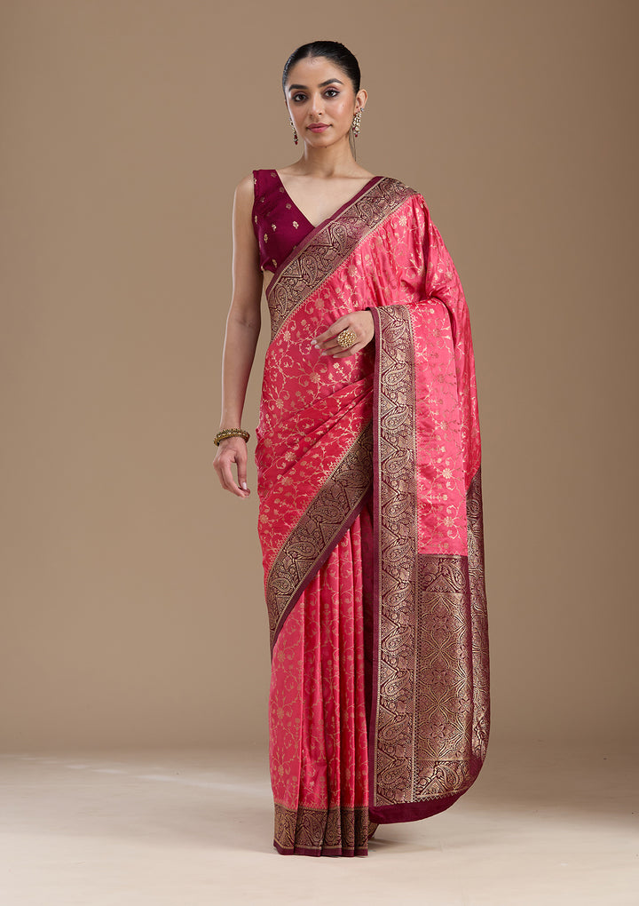 Pink Silk Jaal Gold Zariwork Saree With Matching Blouse Piece