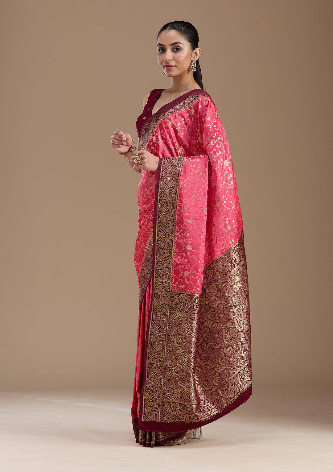 Pink Silk Jaal Gold Zariwork Saree With Matching Blouse Piece