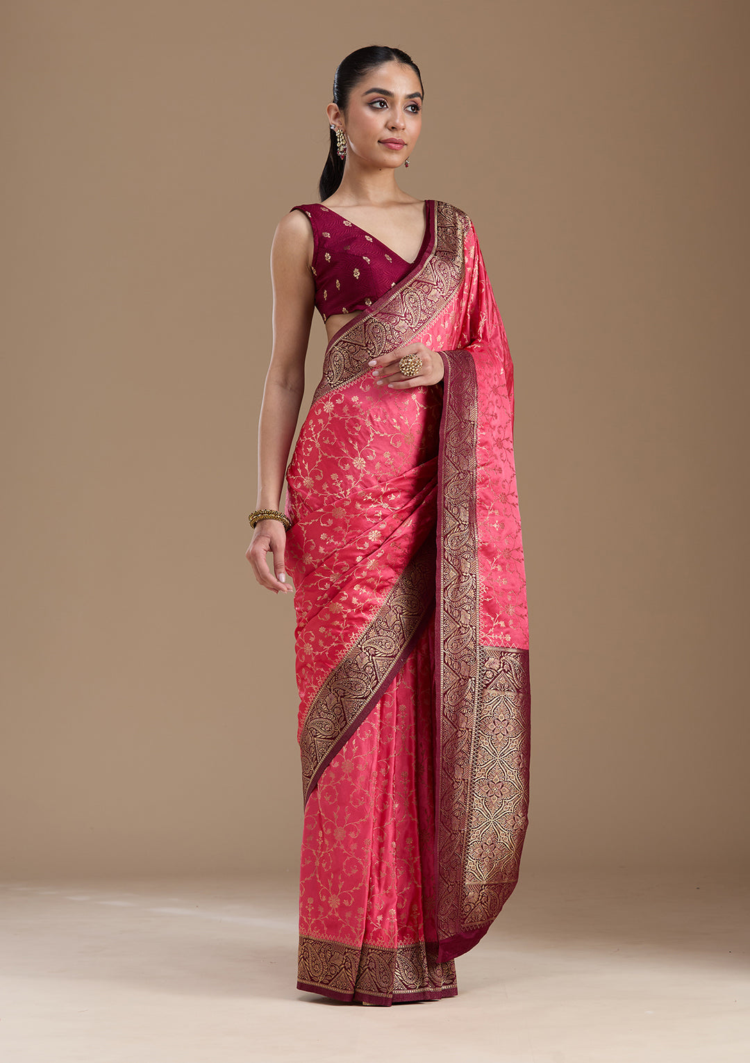 Pink Silk Jaal Gold Zariwork Saree With Matching Blouse Piece