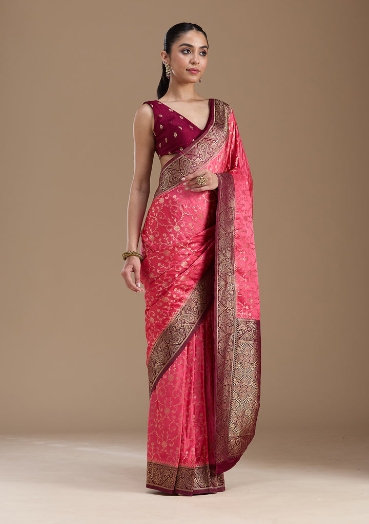 Pink Silk Jaal Gold Zariwork Saree With Matching Blouse Piece