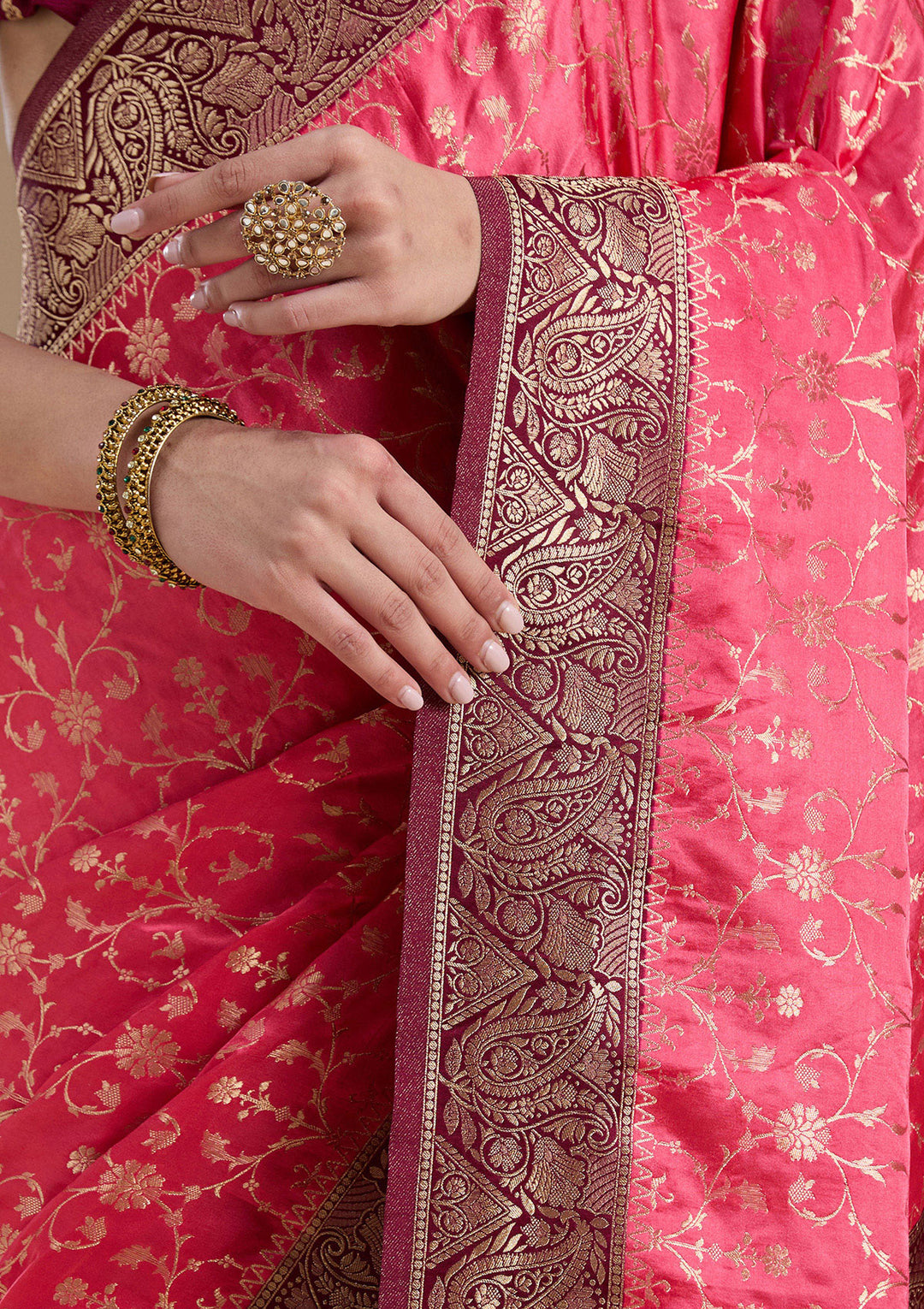 Pink Silk Jaal Gold Zariwork Saree With Matching Blouse Piece