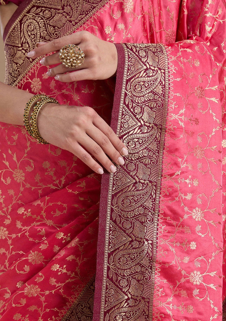 Pink Silk Jaal Gold Zariwork Saree With Matching Blouse Piece