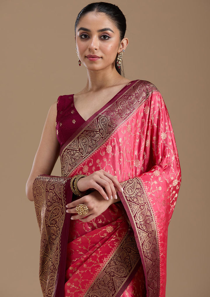 Pink Silk Jaal Gold Zariwork Saree With Matching Blouse Piece