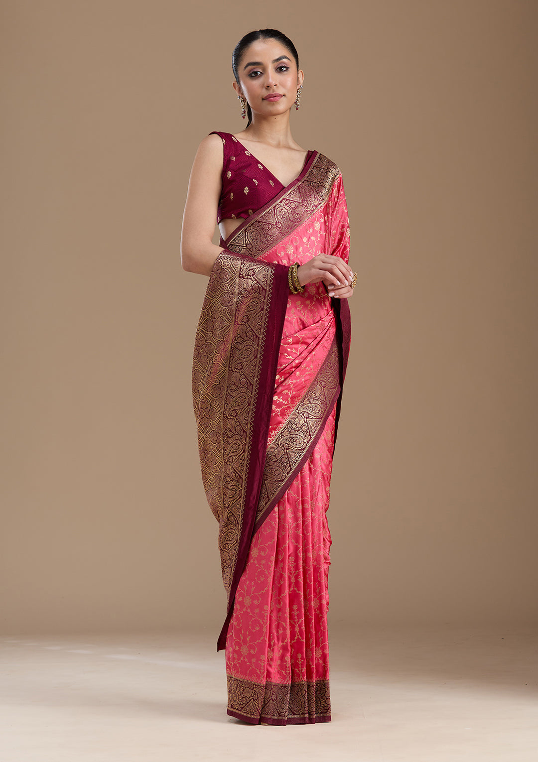 Pink Silk Jaal Gold Zariwork Saree With Matching Blouse Piece
