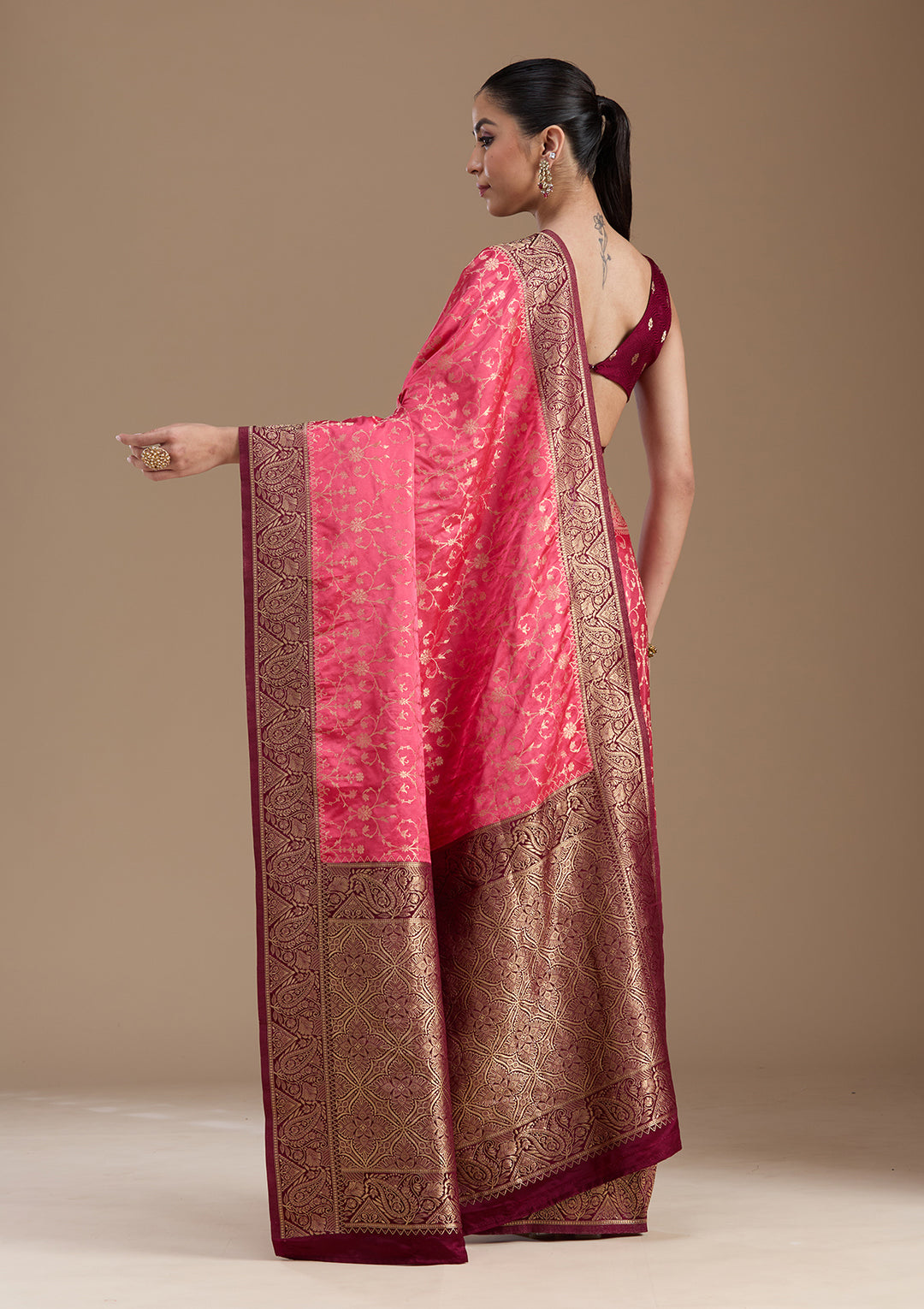 Pink Silk Jaal Gold Zariwork Saree With Matching Blouse Piece