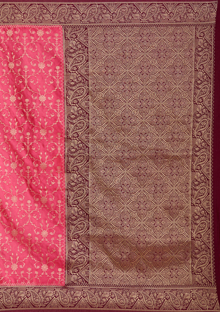 Pink Silk Jaal Gold Zariwork Saree With Matching Blouse Piece