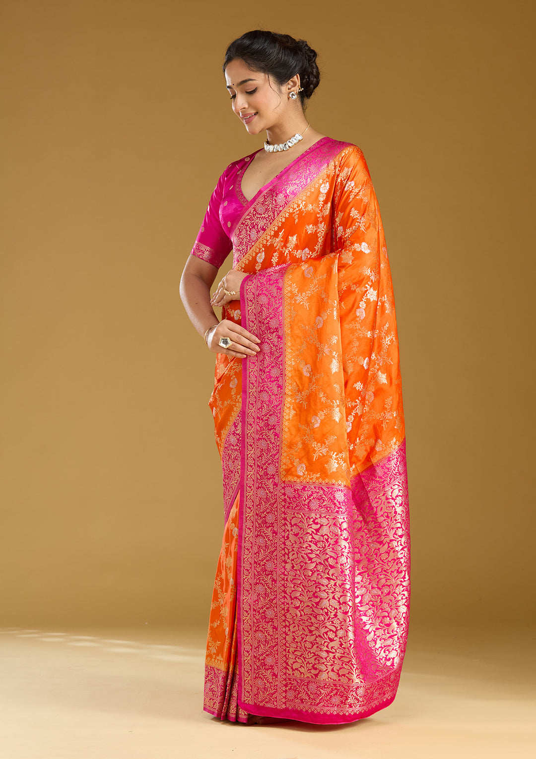 Orange Zariwork (Gold) Art Silk Saree