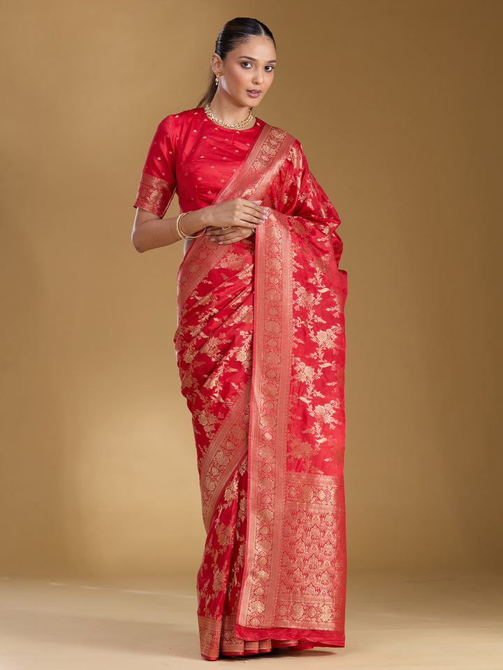 Red Silk Jaal Gold Zariwork Saree With Matching Blouse Piece