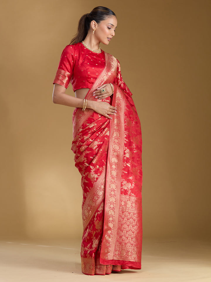 Red Silk Jaal Gold Zariwork Saree With Matching Blouse Piece