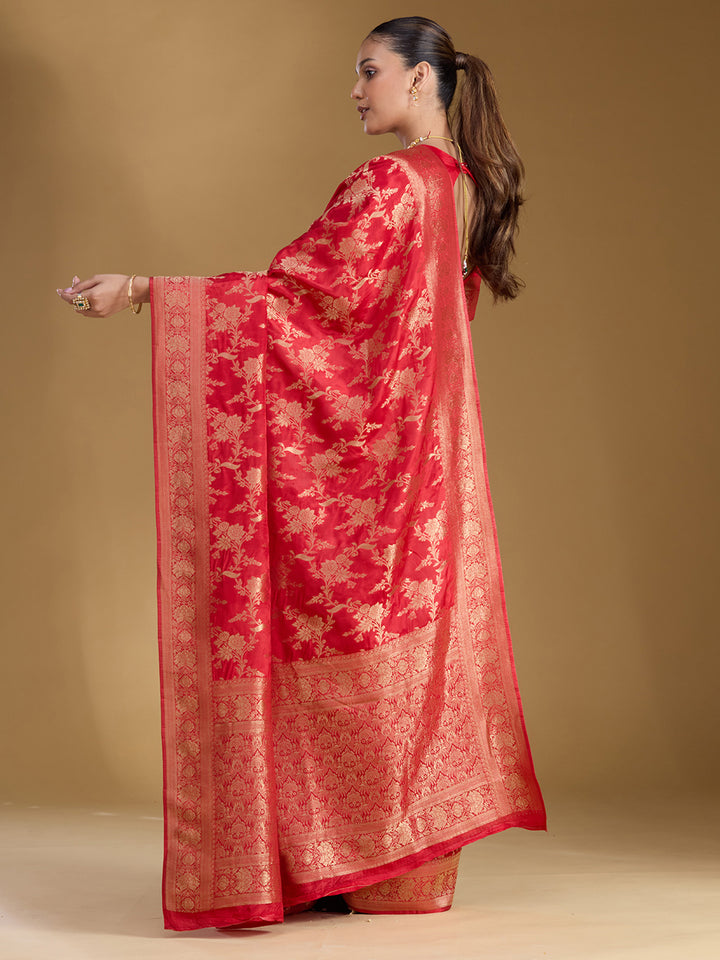 Red Silk Jaal Gold Zariwork Saree With Matching Blouse Piece