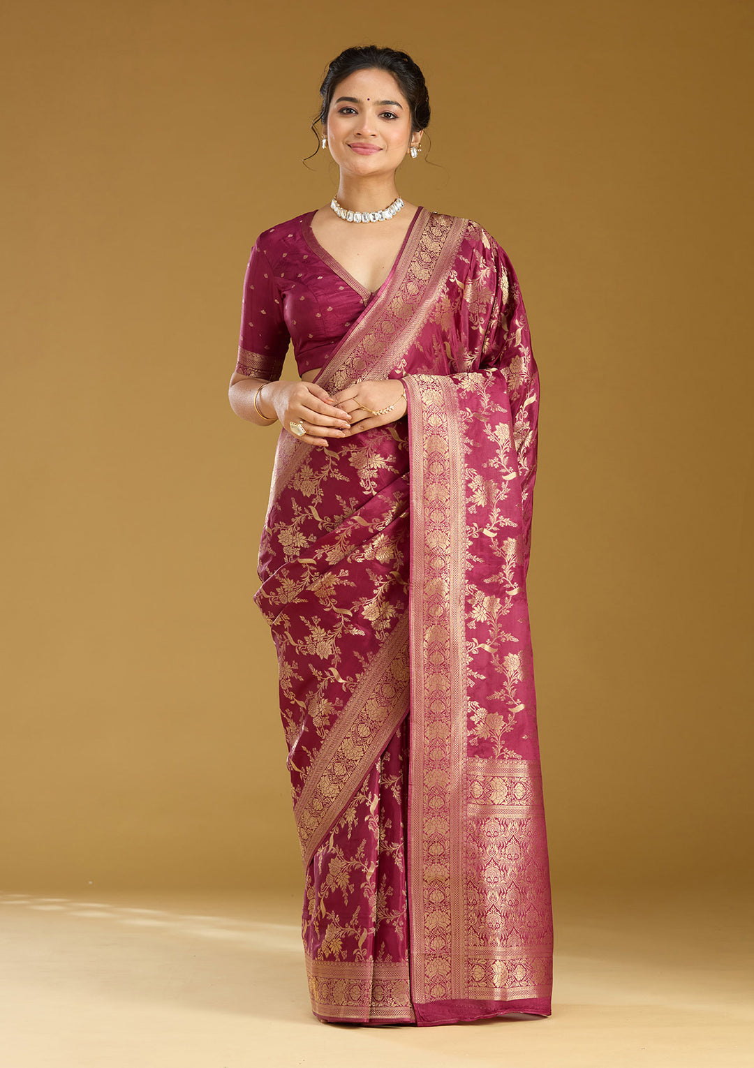 Wine Silk Jaal Gold Zariwork Saree With Matching Blouse Piece