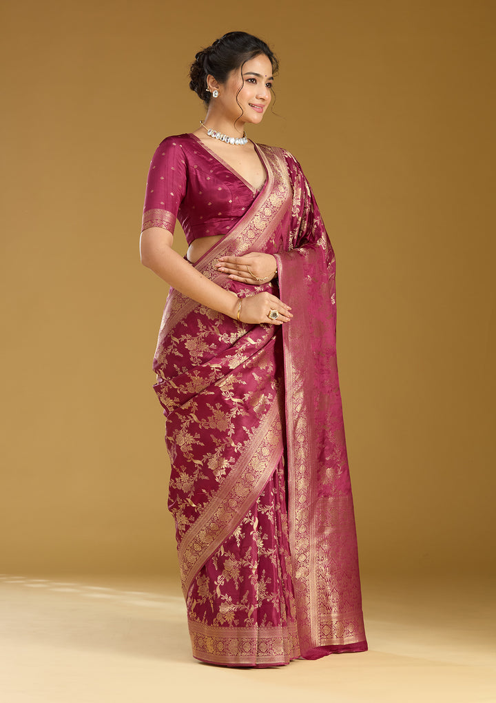 Wine Silk Jaal Gold Zariwork Saree With Matching Blouse Piece