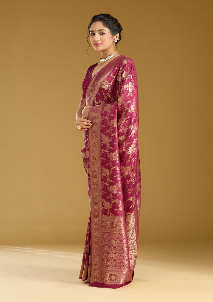 Wine Silk Jaal Gold Zariwork Saree With Matching Blouse Piece