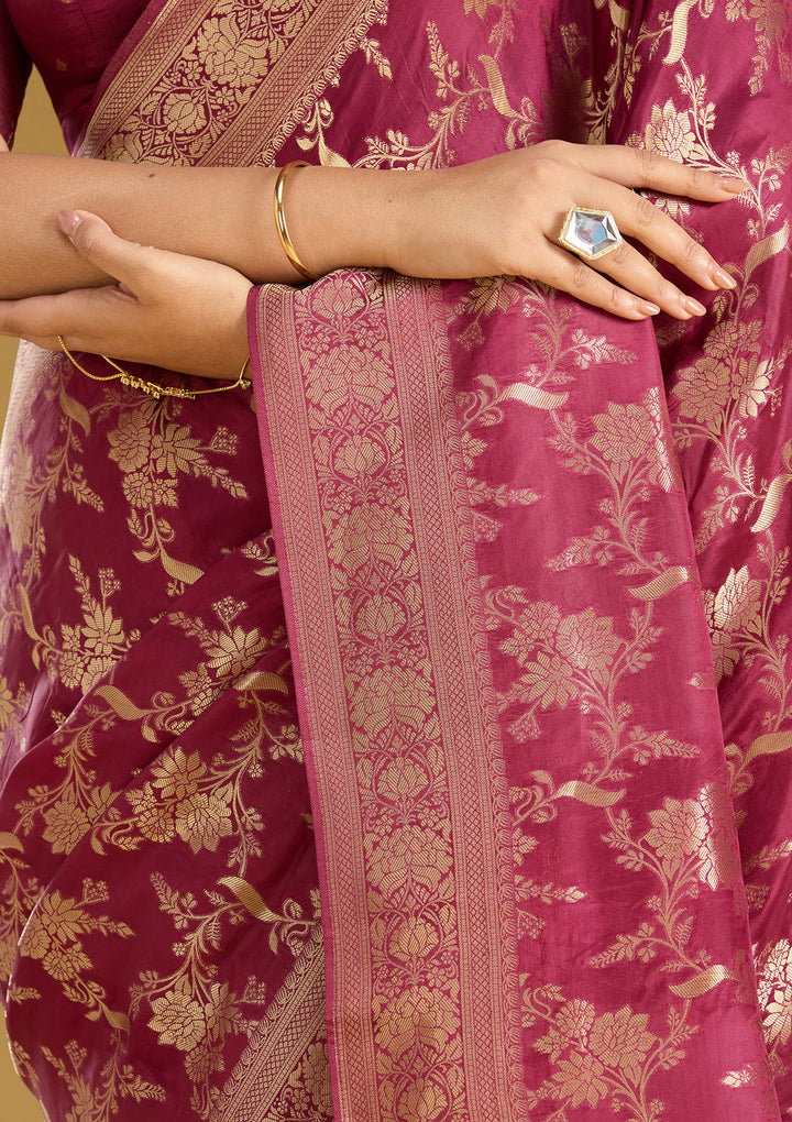Wine Silk Jaal Gold Zariwork Saree With Matching Blouse Piece