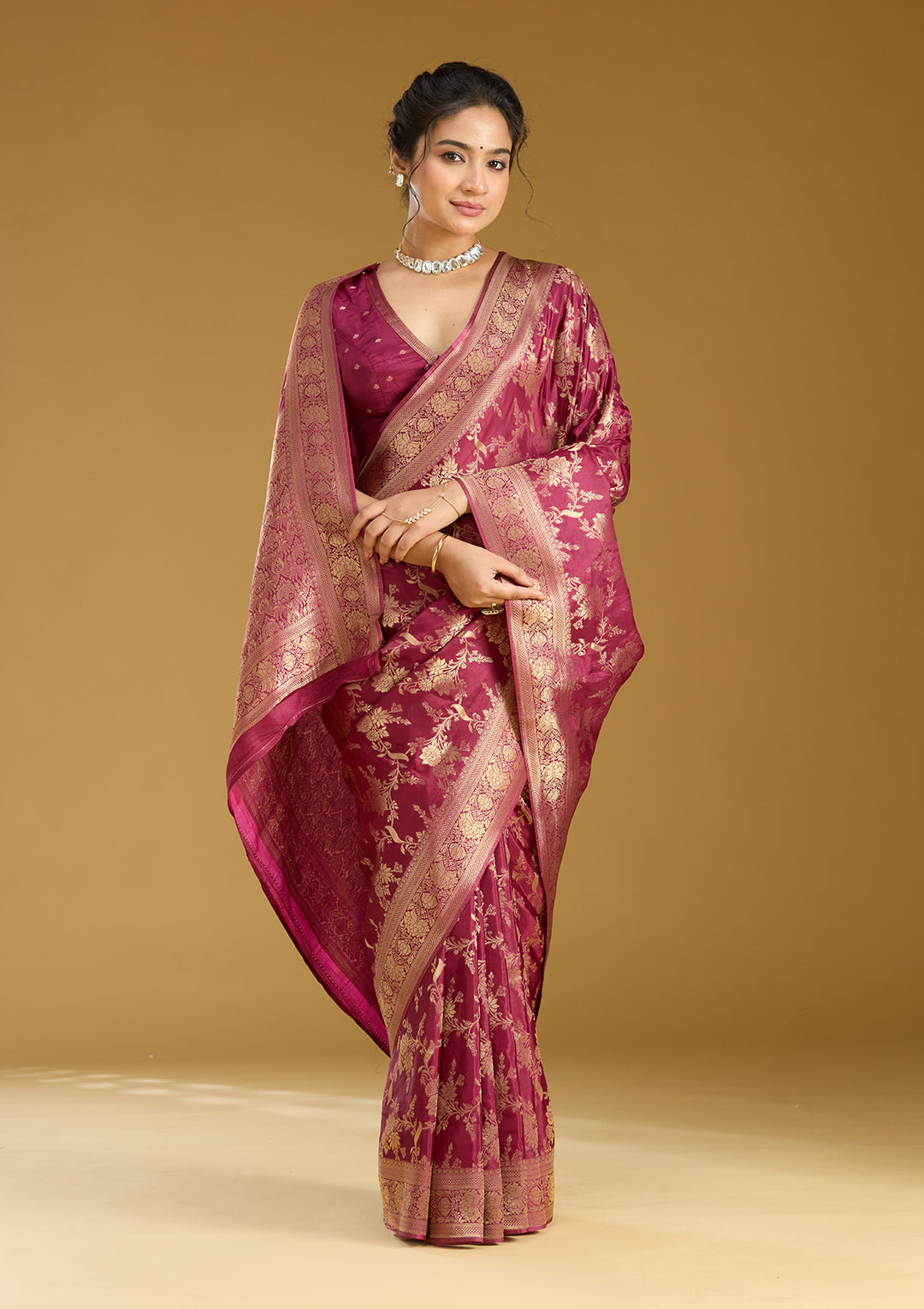 Wine Silk Jaal Gold Zariwork Saree With Matching Blouse Piece