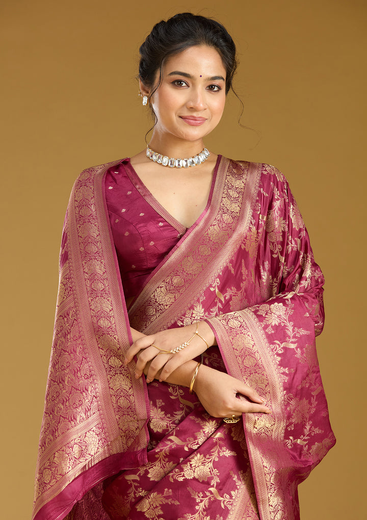 Wine Silk Jaal Gold Zariwork Saree With Matching Blouse Piece