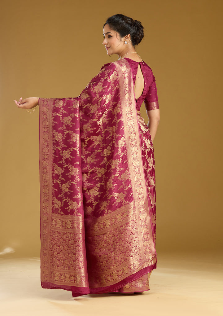 Wine Silk Jaal Gold Zariwork Saree With Matching Blouse Piece