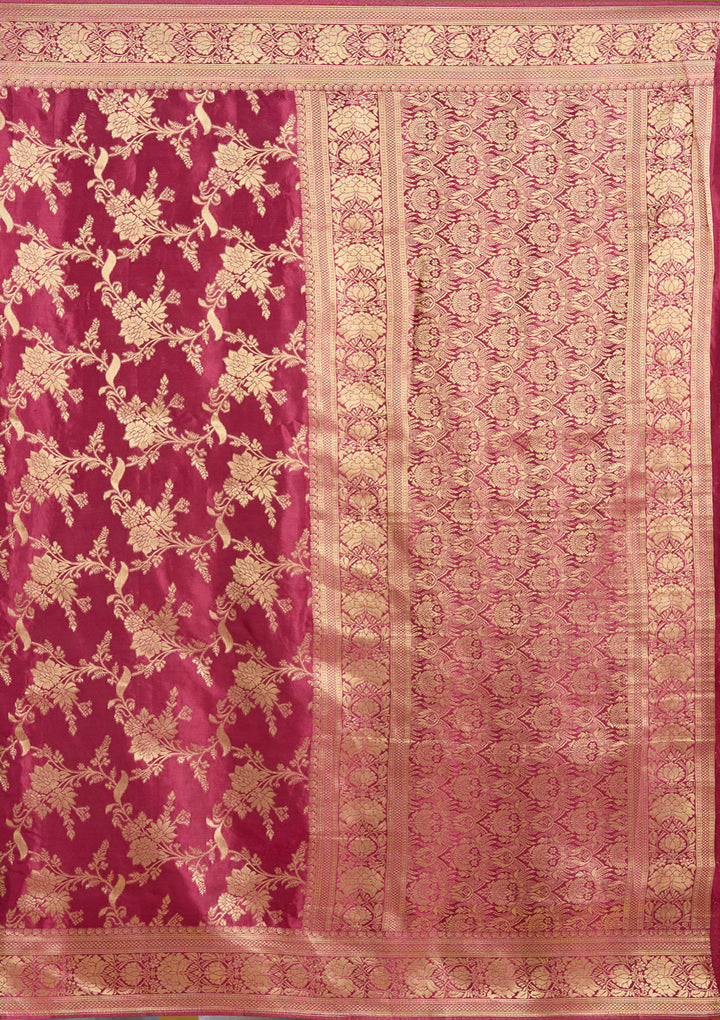 Wine Silk Jaal Gold Zariwork Saree With Matching Blouse Piece
