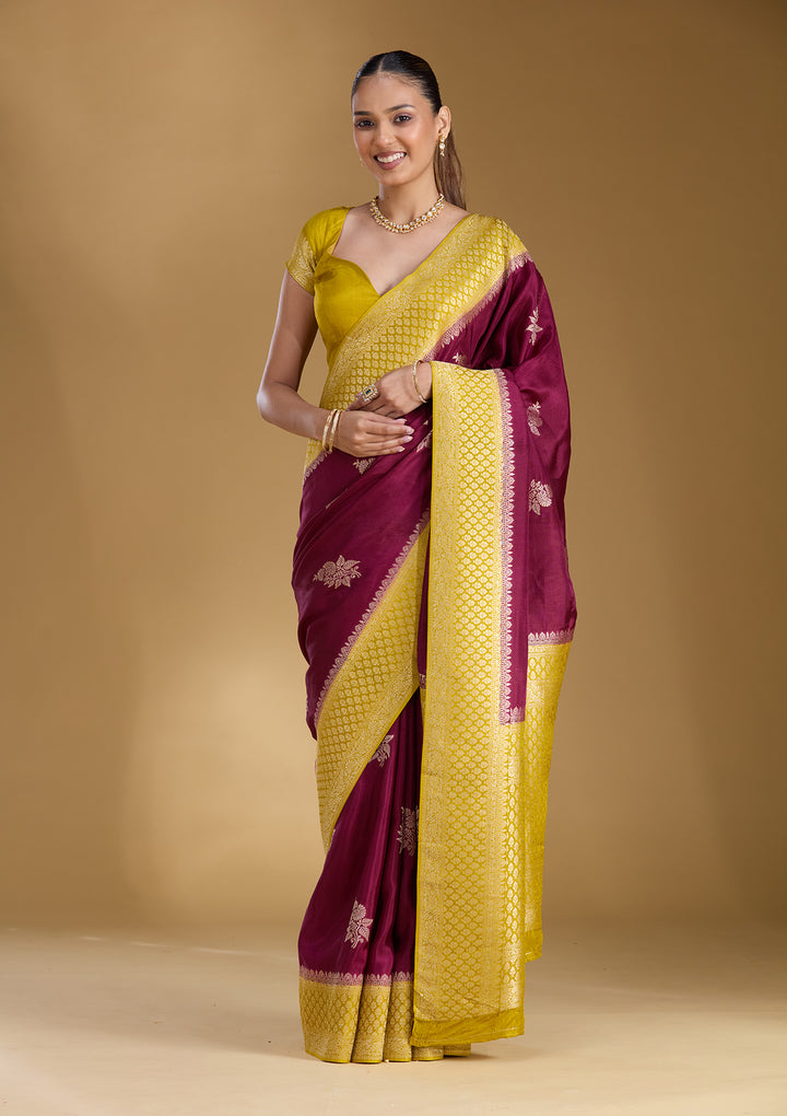 Wine Satin Buti Silver Zariwork Saree With Matching Blouse Piece