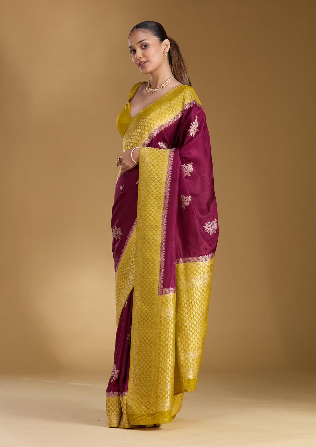 Wine Satin Buti Silver Zariwork Saree With Matching Blouse Piece