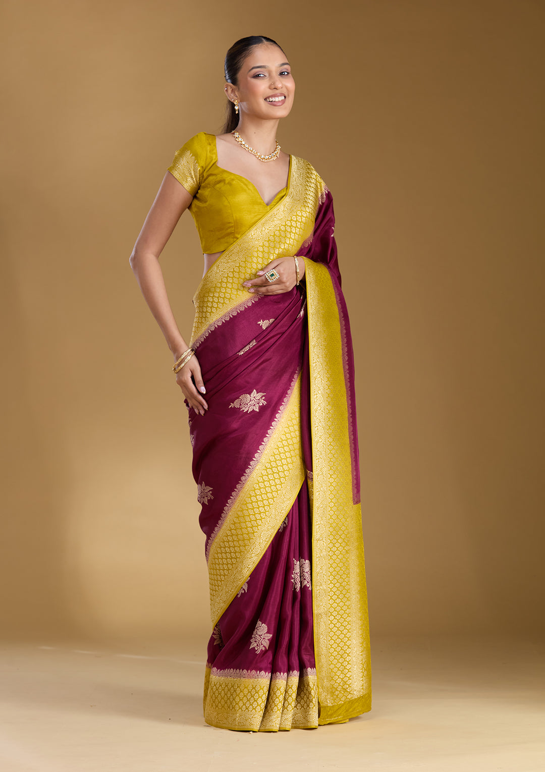 Wine Satin Buti Silver Zariwork Saree With Matching Blouse Piece