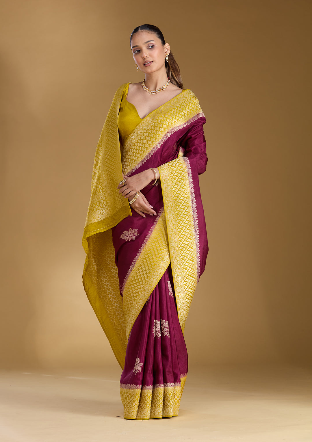 Wine Satin Buti Silver Zariwork Saree With Matching Blouse Piece