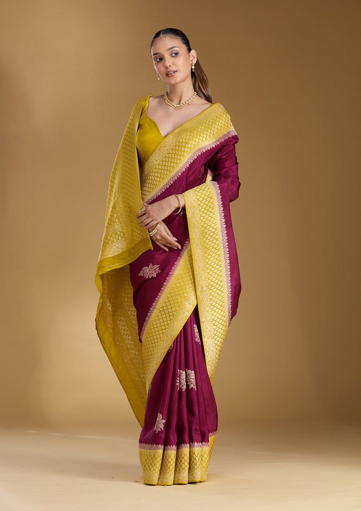 Wine Satin Buti Silver Zariwork Saree With Matching Blouse Piece