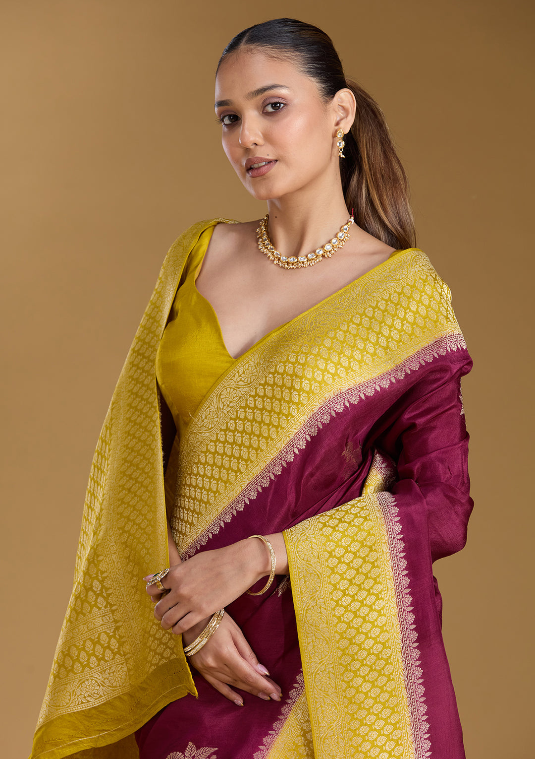 Wine Satin Buti Silver Zariwork Saree With Matching Blouse Piece