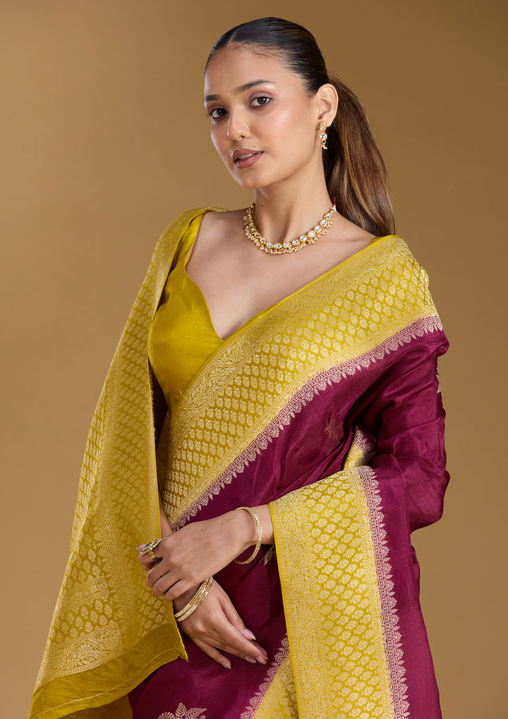 Wine Satin Buti Silver Zariwork Saree With Matching Blouse Piece