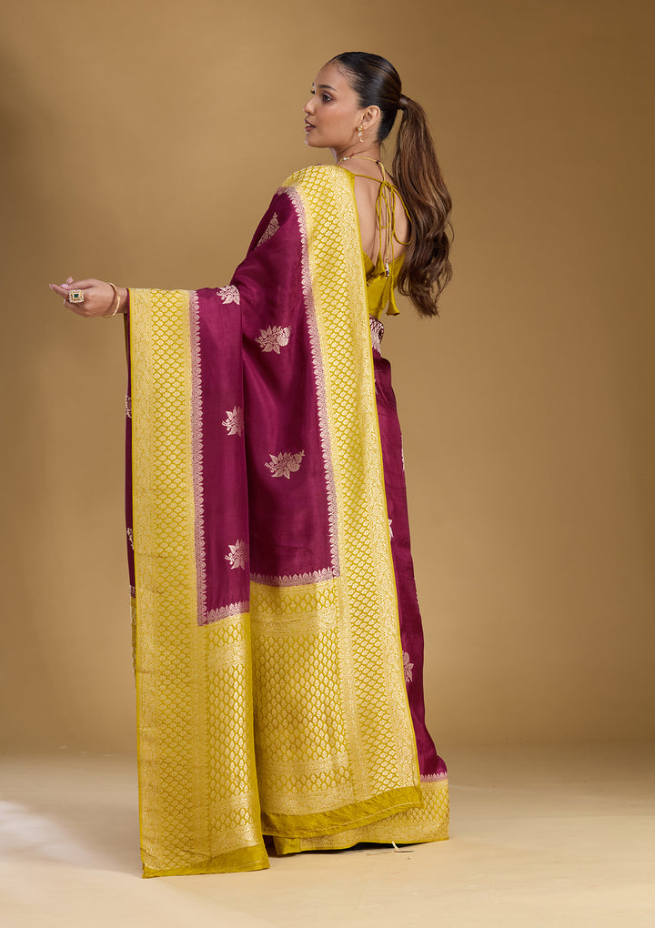 Wine Satin Buti Silver Zariwork Saree With Matching Blouse Piece