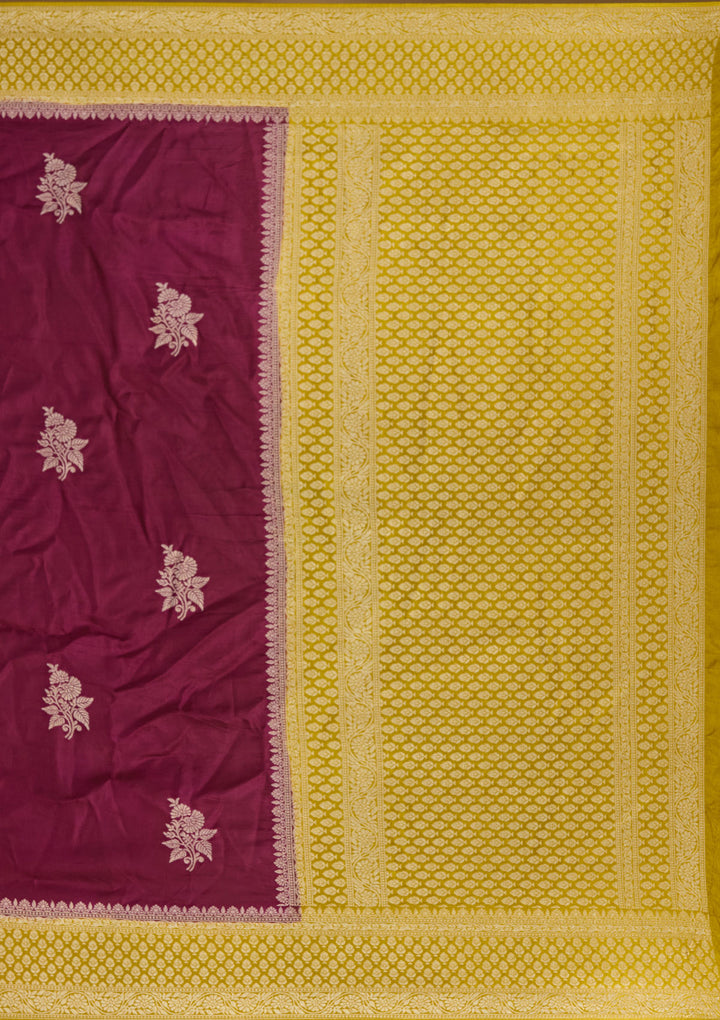 Wine Satin Buti Silver Zariwork Saree With Matching Blouse Piece