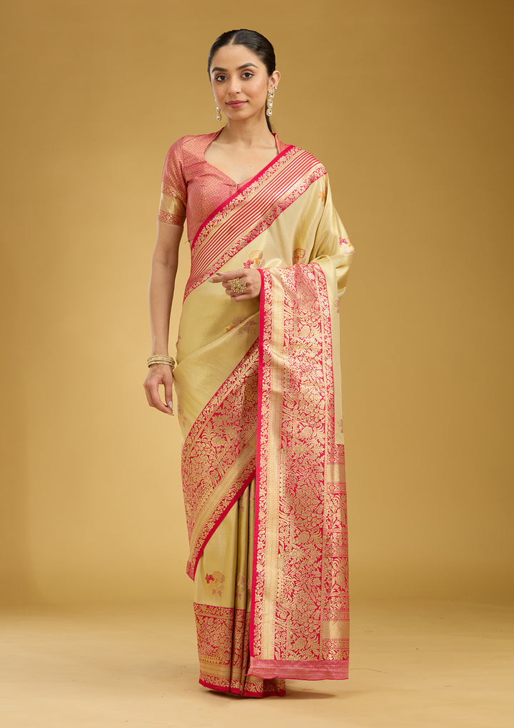 Cream Silk Jaal Zariwork Saree With Matching Blouse Piece