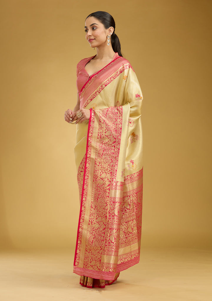 Cream Silk Jaal Zariwork Saree With Matching Blouse Piece