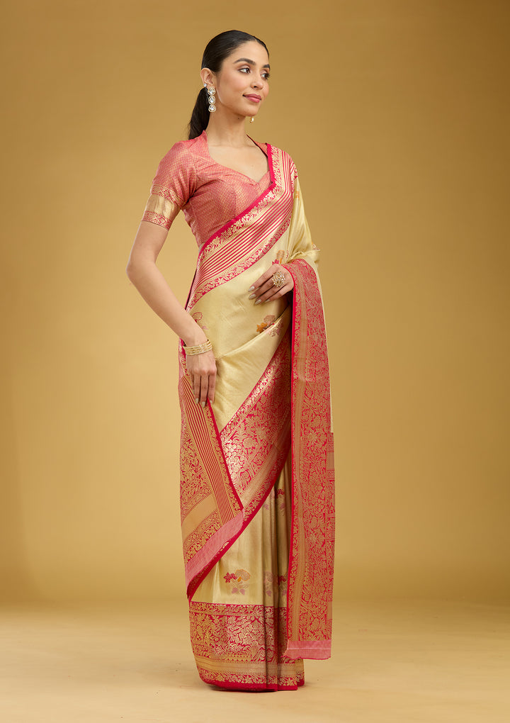 Cream Silk Jaal Zariwork Saree With Matching Blouse Piece