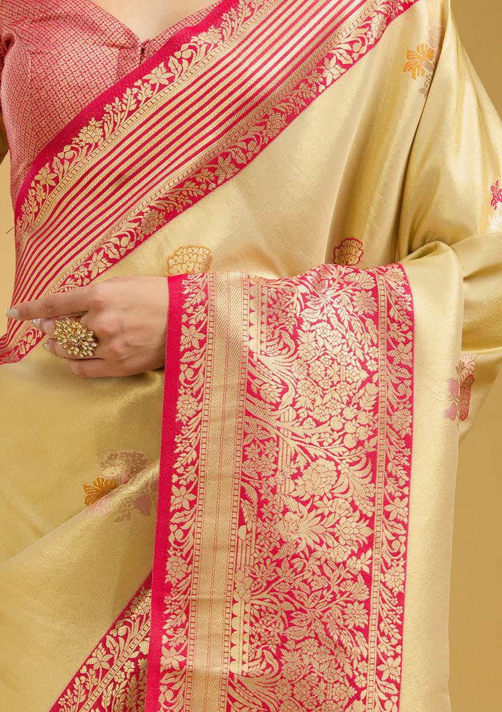 Cream Silk Jaal Zariwork Saree With Matching Blouse Piece