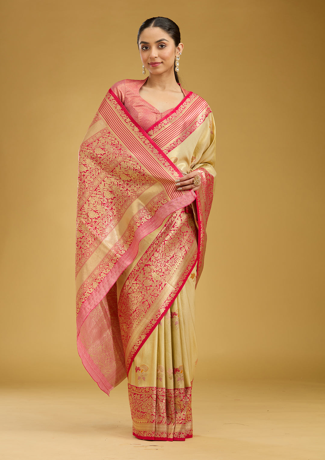 Cream Silk Jaal Zariwork Saree With Matching Blouse Piece