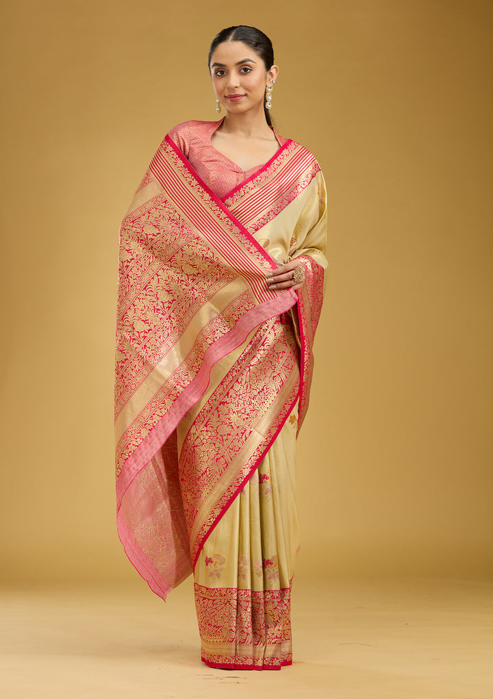 Cream Silk Jaal Zariwork Saree With Matching Blouse Piece