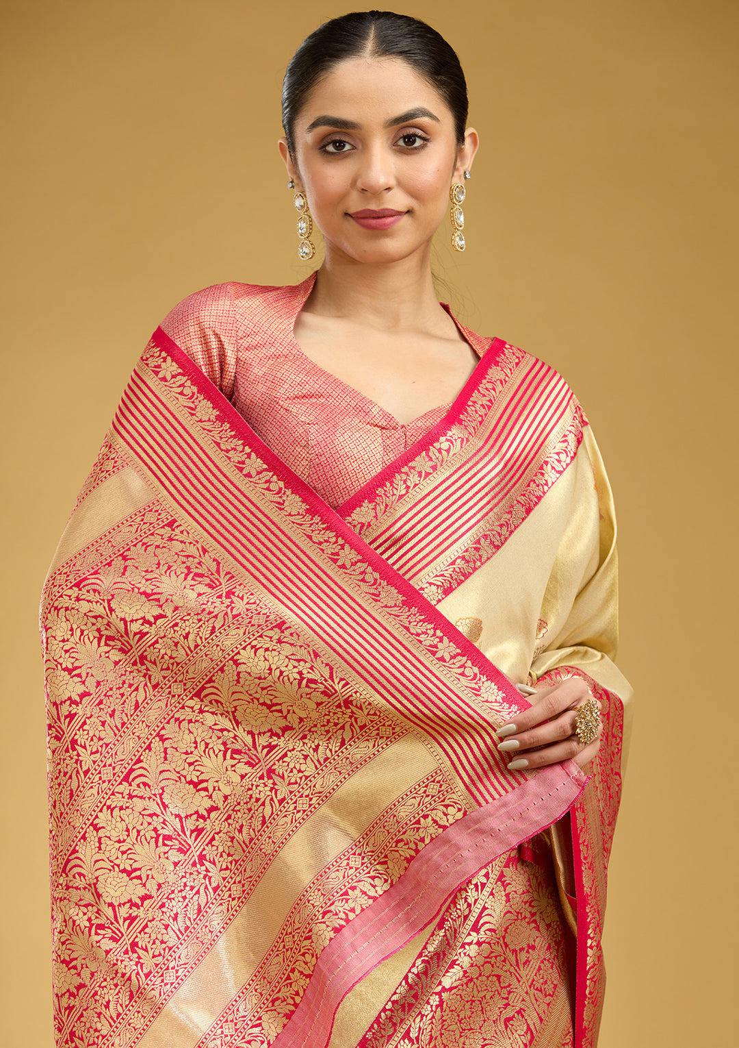 Cream Silk Jaal Zariwork Saree With Matching Blouse Piece
