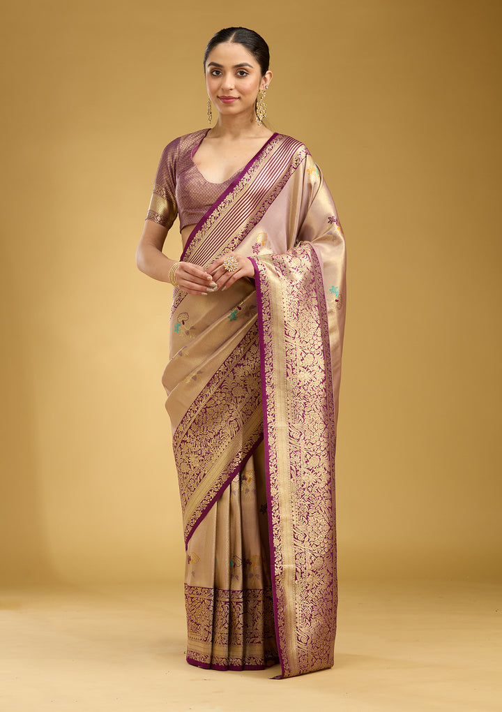 Mauve Silk Jaal Zariwork Saree With Matching Blouse Piece