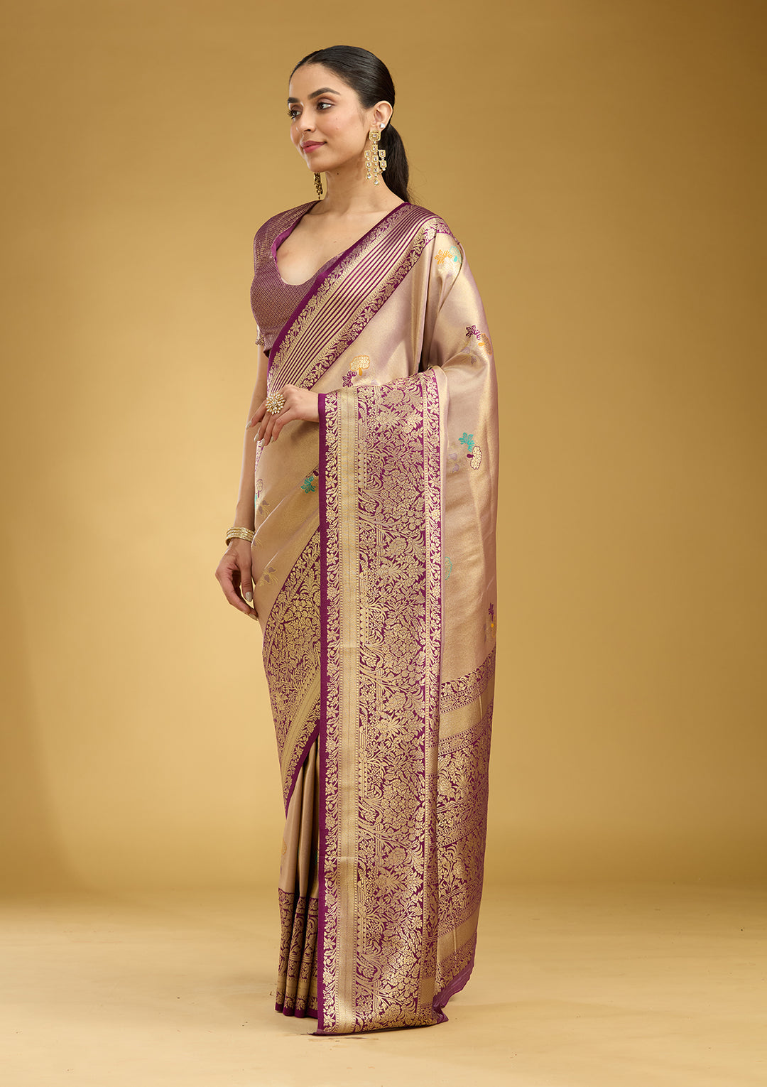 Mauve Silk Jaal Zariwork Saree With Matching Blouse Piece