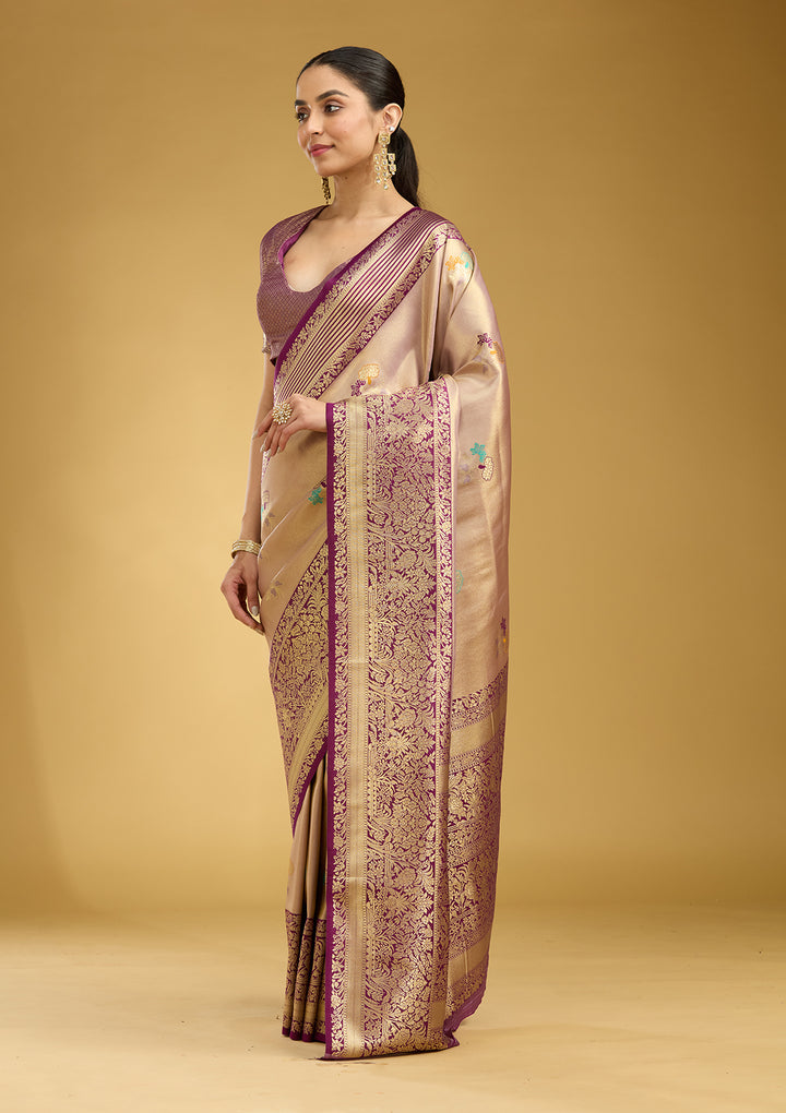 Mauve Silk Jaal Zariwork Saree With Matching Blouse Piece