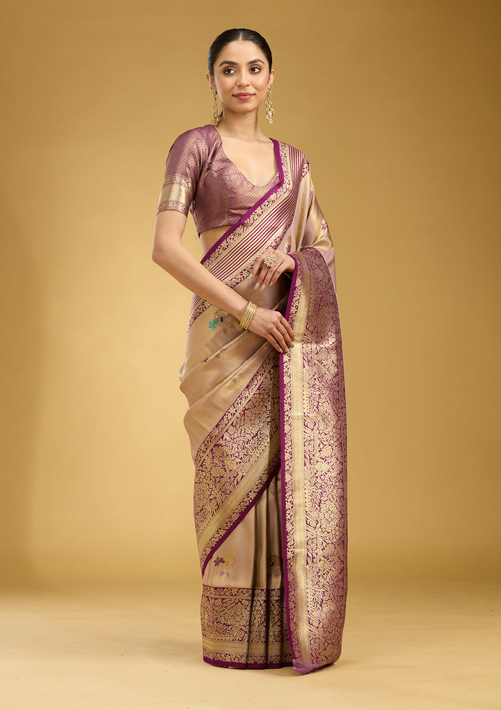 Mauve Silk Jaal Zariwork Saree With Matching Blouse Piece