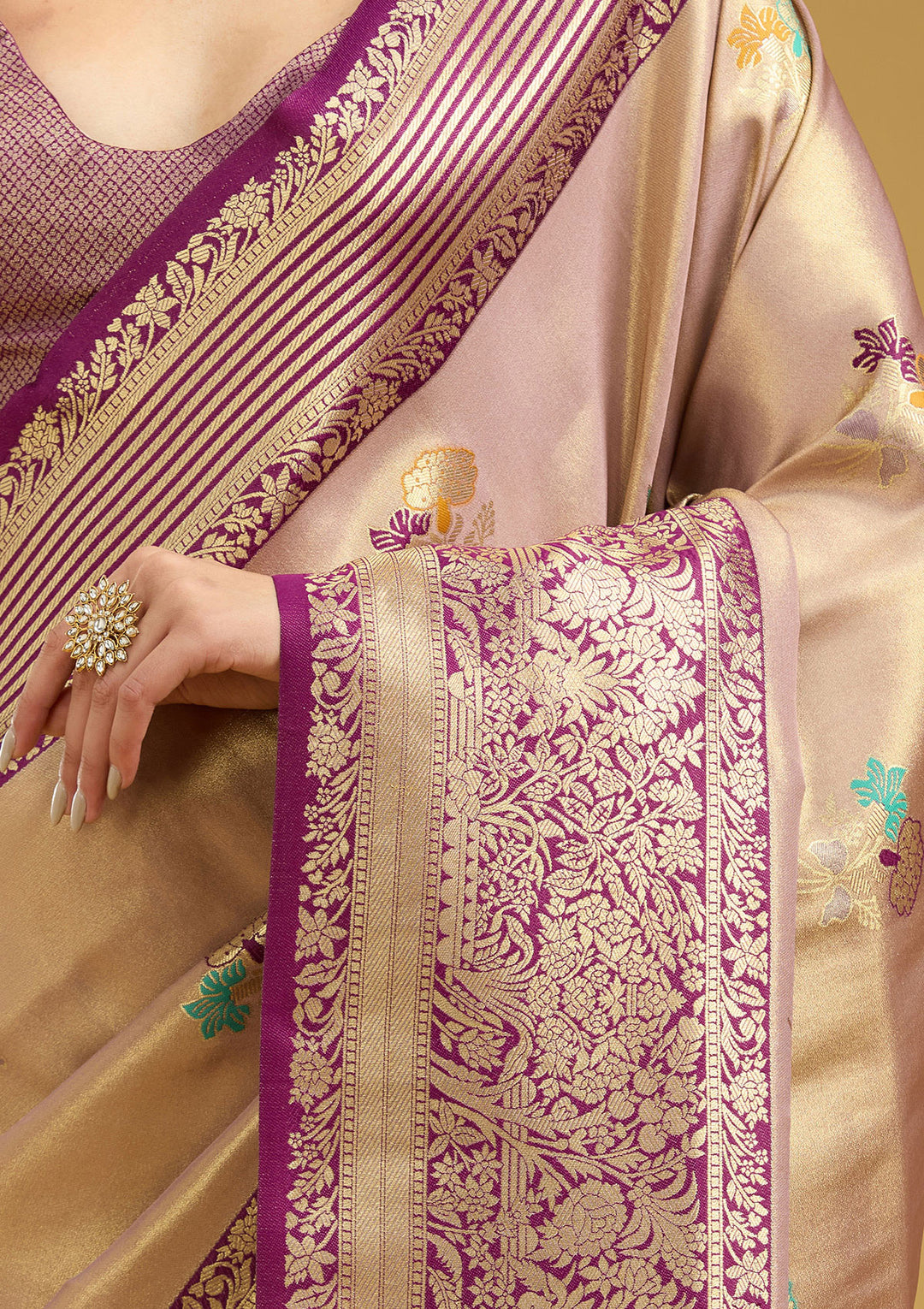 Mauve Silk Jaal Zariwork Saree With Matching Blouse Piece
