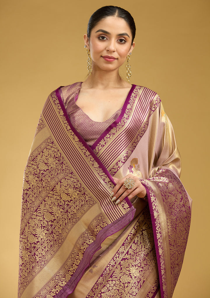 Mauve Silk Jaal Zariwork Saree With Matching Blouse Piece