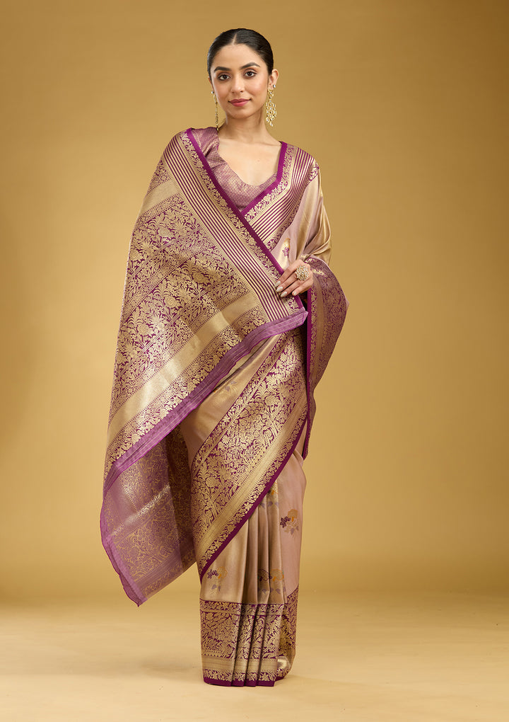 Mauve Silk Jaal Zariwork Saree With Matching Blouse Piece