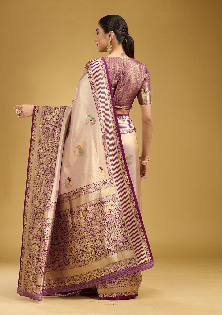 Mauve Silk Jaal Zariwork Saree With Matching Blouse Piece