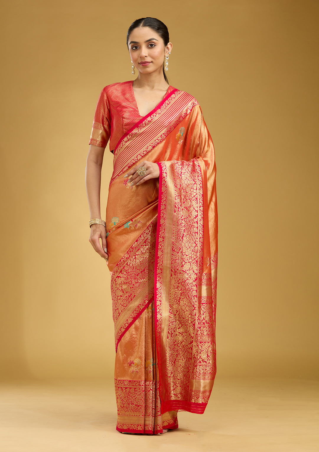 Rust Silk Jaal Zariwork Saree With Matching Blouse Piece